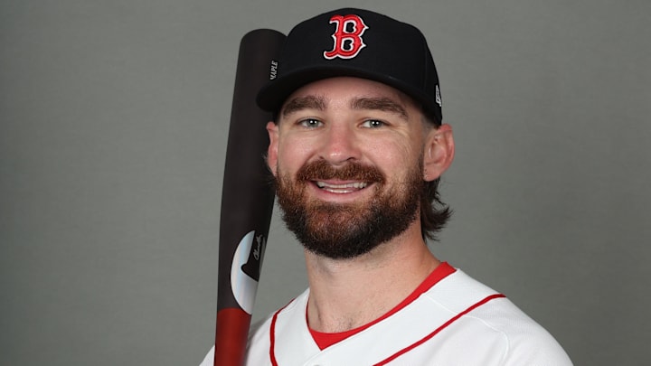 Feb 17, 2026; Lee County, FL, USA;  Boston Red Sox infielder Brendan Rodgers (5) poses for a photo during media day at JetBlue Park. Mandatory Credit: Kim Klement Neitzel-Imagn Images