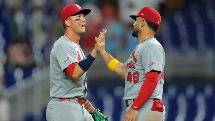Aug 18, 2025; Miami, Florida, USA; St. Louis Cardinals right fielder Lars Nootbaar (21) celebrates with designated hitter Ivan Herrera (48) after the game against the Miami Marlins at loanDepot Park. Mandatory Credit: Sam Navarro-Imagn Images Aug 18, 2025; Miami, Florida, USA; St. Louis Cardinals right fielder Lars Nootbaar (21) celebrates with designated hitter Ivan Herrera (48) after the game against the Miami Marlins at loanDepot Park. Mandatory Credit: Sam Navarro-Imagn Images