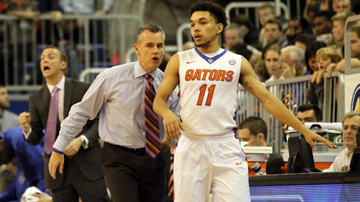 Dec 12, 2014; Gainesville, FL, USA; Florida Gators head coach Billy Donovan talks with Florida Gators guard Chris Chiozza (11) against the Texas Southern Tigers during the first half at Stephen C. O'Connell Center. Mandatory Credit: Kim Klement-Imagn Images Dec 12, 2014; Gainesville, FL, USA; Florida Gators head coach Billy Donovan talks with Florida Gators guard Chris Chiozza (11) against the Texas Southern Tigers during the first half at Stephen C. O'Connell Center. Mandatory Credit: Kim Klement-Imagn Images