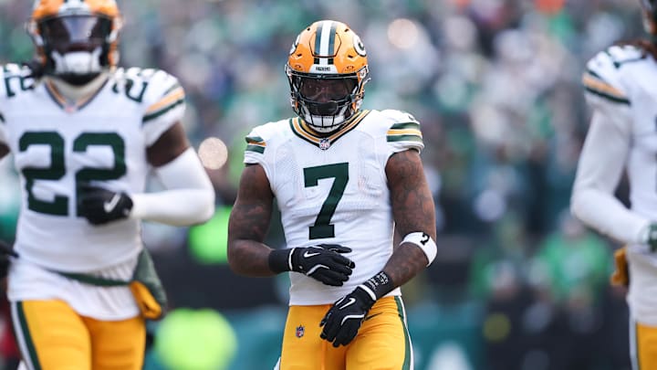 Jan 12, 2025; Philadelphia, Pennsylvania, USA; Green Bay Packers linebacker Quay Walker (7) before action against the Philadelphia Eagles in an NFC wild card game at Lincoln Financial Field. Mandatory Credit: Bill Streicher-Imagn Images