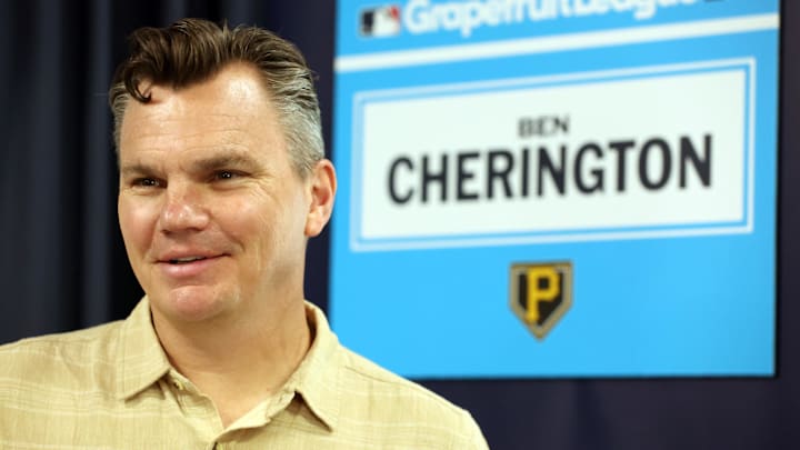 Feb 15, 2024; Tampa, FL, USA; Pittsburgh Pirates general manager Ben Cherington talks with media at George M. Steinbrenner Field. Mandatory Credit: Kim Klement Neitzel-Imagn Images