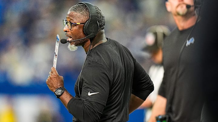 Detroit Lions defensive coordinator Aaron Glenn watches a play against Indianapolis Colts during the second half at Lucas Oil Stadium in Indianapolis, Ind. on Sunday, Nov. 24, 2024. Detroit Lions defensive coordinator Aaron Glenn watches a play against Indianapolis Colts during the second half at Lucas Oil Stadium in Indianapolis, Ind. on Sunday, Nov. 24, 2024.