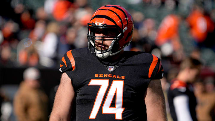 Cincinnati Bengals guard Max Scharping (74) takes the field at Paycor Stadium Sunday, November 12, 2023. Cincinnati Bengals guard Max Scharping (74) takes the field at Paycor Stadium Sunday, November 12, 2023.