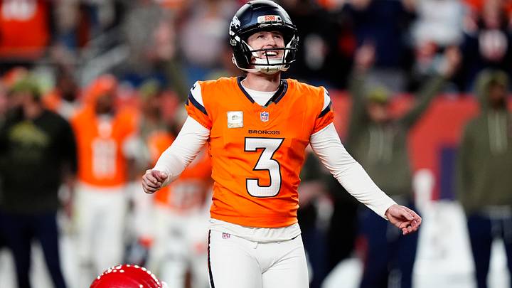 Nov 16, 2025; Denver, Colorado, USA; Denver Broncos kicker Wil Lutz (3) celebrates his game winning filed goal in the fourth quarter against the Kansas City Chiefs at Empower Field at Mile High. Nov 16, 2025; Denver, Colorado, USA; Denver Broncos kicker Wil Lutz (3) celebrates his game winning filed goal in the fourth quarter against the Kansas City Chiefs at Empower Field at Mile High.