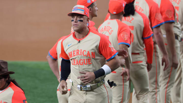 Jul 16, 2024; Arlington, Texas, USA; American League right fielder  Aaron Judge of the New York Yankees (99) looks on before the 2024 MLB All-Star game at Globe Life Field. Mandatory Credit: Kevin Jairaj-USA TODAY Sports
