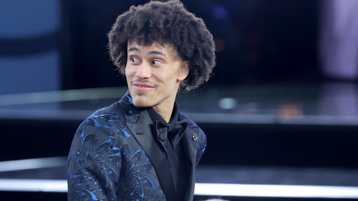 Jun 25, 2025; Brooklyn, NY, USA;  Nolan Traore reacts after being selected as the 19th pick by the Brooklyn Nets in the first round of the 2025 NBA Draft at Barclays Center. Mandatory Credit: Brad Penner-Imagn Images