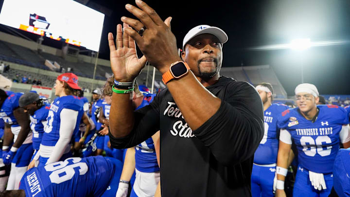 Tennessee State's head coach Eddie George claps after he and his players listened to the band play after they defeated UAPB 41-28 in the Southern Heritage Classic in Memphis, Tenn., on Saturday, September 14, 2024.