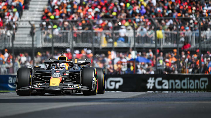 Jun 9, 2024; Montreal, Quebec, CAN; Red Bull Racing driver Max Verstappen (NED) races during the Canadian Grand Prix at Circuit Gilles Villeneuve. Mandatory Credit: David Kirouac-USA TODAY Sports