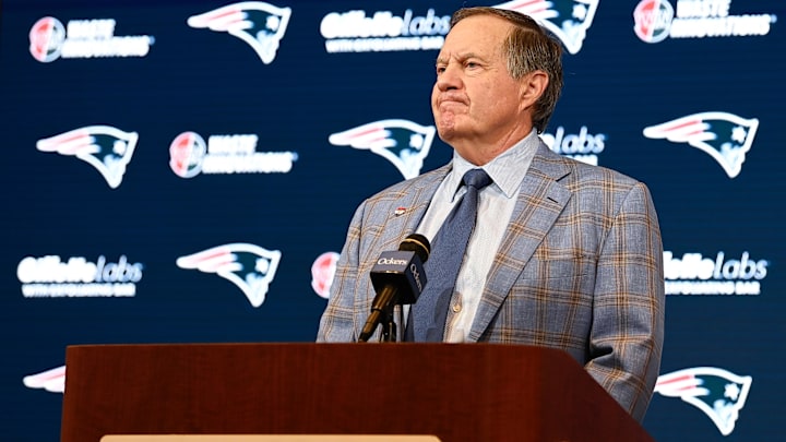 New England Patriots former head coach Bill Belichick holds a press conference at Gillette Stadium to announce his exit from the team. 