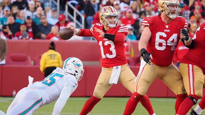 San Francisco 49ers quarterback Brock Purdy (13) throws the ball under pressure from Miami Dolphins offensive linebacker Jaelan Phillips (15) during the fourth quarter at Levi's Stadium. San Francisco 49ers quarterback Brock Purdy (13) throws the ball under pressure from Miami Dolphins offensive linebacker Jaelan Phillips (15) during the fourth quarter at Levi's Stadium.