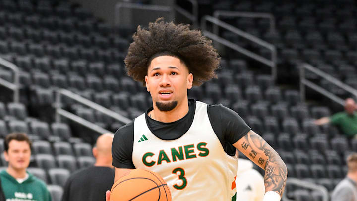 Mar 19, 2026; St. Louis, MO, USA; Miami (FL) Hurricanes guard Tre Donaldson (3) drives to the basket during a practice session ahead of the first round of the men's 2026 NCAA Tournament at Enterprise Center. Mandatory Credit: Jeff Curry-Imagn Images Mar 19, 2026; St. Louis, MO, USA; Miami (FL) Hurricanes guard Tre Donaldson (3) drives to the basket during a practice session ahead of the first round of the men's 2026 NCAA Tournament at Enterprise Center. Mandatory Credit: Jeff Curry-Imagn Images