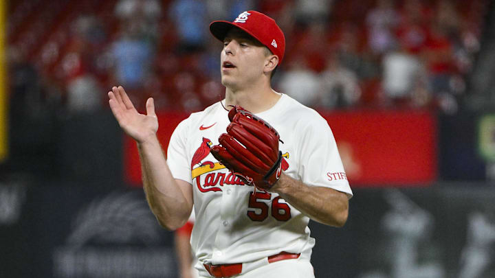 Jul 24, 2025; St. Louis, Missouri, USA;  St. Louis Cardinals relief pitcher Ryan Helsley (56) celebrates after the Cardinals defeated the San Diego Padres at Busch Stadium. 