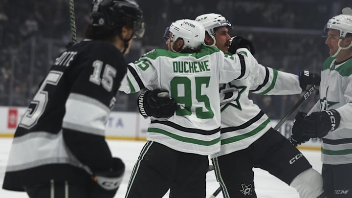 Dec 4, 2024; Los Angeles, California, USA; Dallas Stars left wing Mason Marchment (27) celebrates with center Matt Duchene (95) after scoring a goal against the Los Angeles Kings during the first period of a hockey game at Crypto.com Arena. Mandatory Credit: Jessica Alcheh-Imagn Images