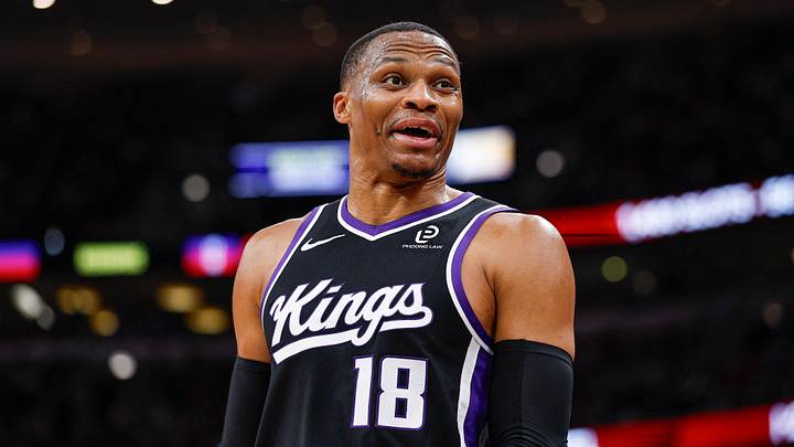Oct 29, 2025; Chicago, Illinois, USA; Sacramento Kings forward Russell Westbrook reacts during the first half of an NBA game against the Chicago Bulls at United Center. Oct 29, 2025; Chicago, Illinois, USA; Sacramento Kings forward Russell Westbrook reacts during the first half of an NBA game against the Chicago Bulls at United Center.