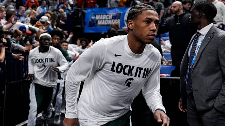 Michigan State guard Jeremy Fears Jr. (1) runs onto the court for warm upl ahead of the game between Michigan State and North Dakota State at the NCAA Tournament First Round at KeyBank Center in Buffalo on Thursday, March 19, 2026. Michigan State guard Jeremy Fears Jr. (1) runs onto the court for warm upl ahead of the game between Michigan State and North Dakota State at the NCAA Tournament First Round at KeyBank Center in Buffalo on Thursday, March 19, 2026.