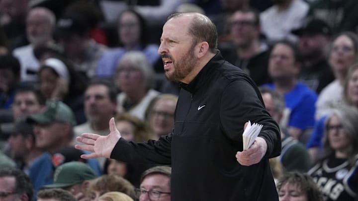 Mar 28, 2025; Milwaukee, Wisconsin, USA; New York Knicks head coach Tom Thibodeau attempts to plead his case to the officials against the Milwaukee Bucks in the first half at Fiserv Forum. Mandatory Credit: Michael McLoone-Imagn Images