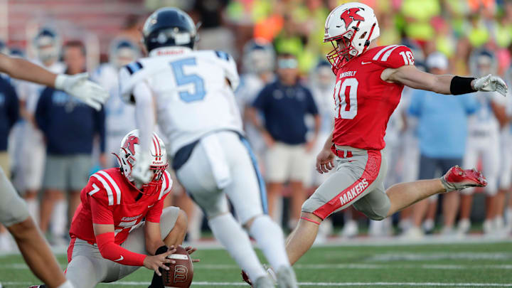 Kimberly's Maddux Hermus (10) kicks a field goal versus Bay Port during a non-conference game Thursday, August 28, 2025.