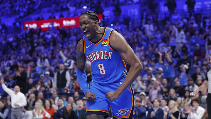 Dec 18, 2025; Oklahoma City, Oklahoma, USA; Oklahoma City Thunder guard Jalen Williams (8) screams and celebrates after dunking against the Los Angeles Clippers during the second quarter at Paycom Center. Mandatory Credit: Alonzo Adams-Imagn Images