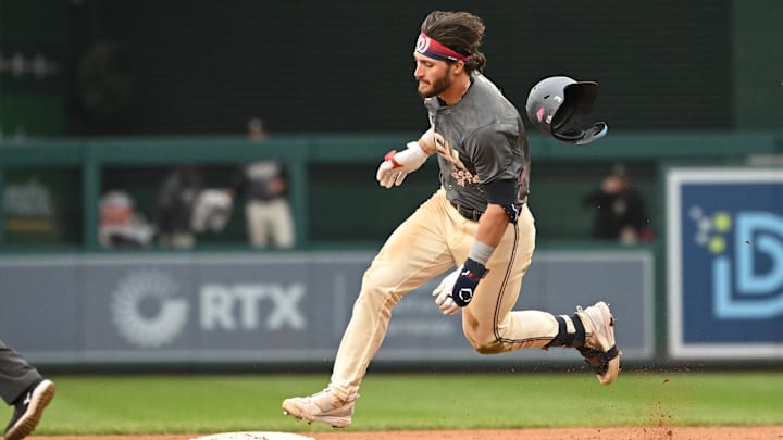 Sep 29, 2024; Washington, District of Columbia, USA; Washington Nationals right fielder Dylan Crews (3) rounds second base after hitting a triple against the Philadelphia Phillies during the sixth inning at Nationals Park. 