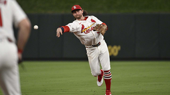 Sep 16, 2025; St. Louis, Missouri, USA; St. Louis Cardinals second baseman Brendan Donovan (33) throws out Cincinnati Reds first baseman Sal Stewart (43) (not pictured) at first base in the sixth inning at Busch Stadium. Mandatory Credit: Joe Puetz-Imagn Images Sep 16, 2025; St. Louis, Missouri, USA; St. Louis Cardinals second baseman Brendan Donovan (33) throws out Cincinnati Reds first baseman Sal Stewart (43) (not pictured) at first base in the sixth inning at Busch Stadium. Mandatory Credit: Joe Puetz-Imagn Images