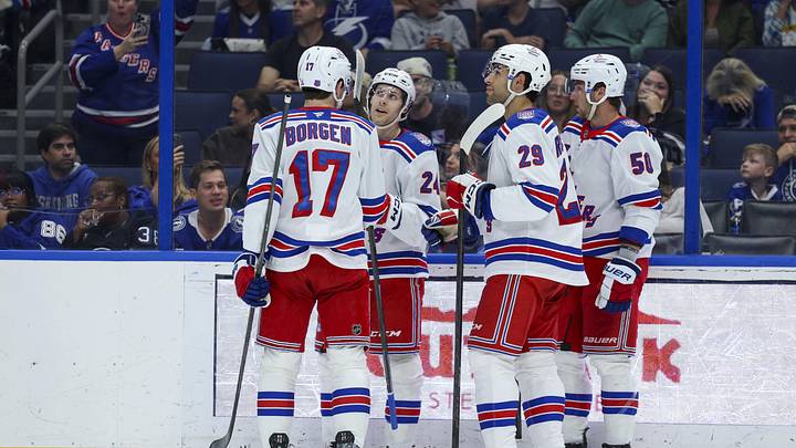 Apr 15, 2026; Tampa, Florida, USA; New York Rangers left wing Tye Kartye (24) reacts after an assist on a goal against the Tampa Bay Lightning in the second period at Benchmark International Arena. Apr 15, 2026; Tampa, Florida, USA; New York Rangers left wing Tye Kartye (24) reacts after an assist on a goal against the Tampa Bay Lightning in the second period at Benchmark International Arena.