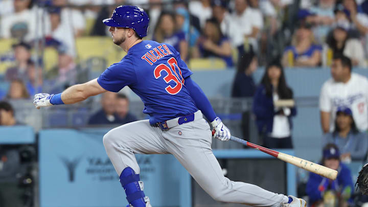 Apr 11, 2025; Los Angeles, California, USA; Chicago Cubs outfielder Kyle Tucker (30) doubles during the fourth inning against the Los Angeles Dodgers at Dodger Stadium. Apr 11, 2025; Los Angeles, California, USA; Chicago Cubs outfielder Kyle Tucker (30) doubles during the fourth inning against the Los Angeles Dodgers at Dodger Stadium.
