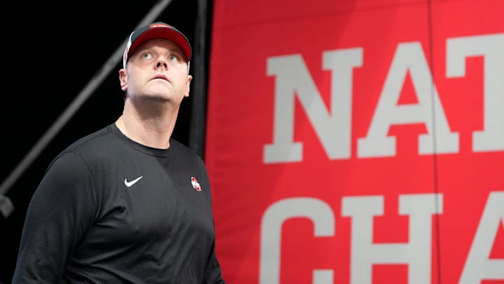 Ohio State Buckeyes offensive line coach Justin Frye arrives prior to the College Football Playoff National Championship against the Notre Dame Fighting Irish at Mercedes-Benz Stadium in Atlanta on Jan. 20, 2025.