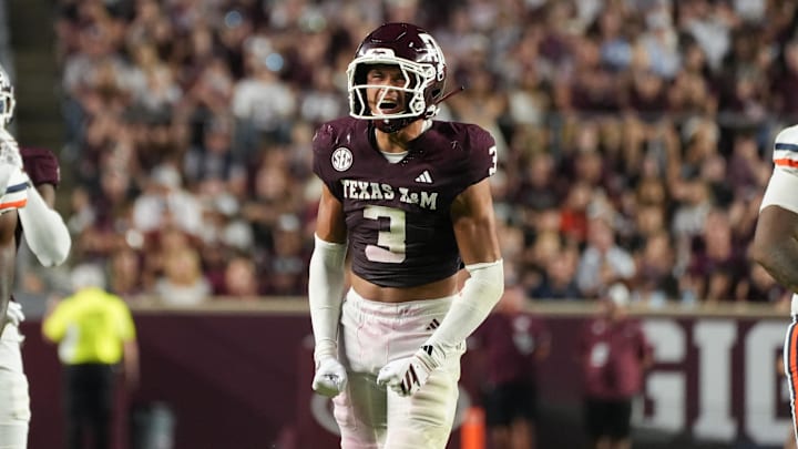 Aug 30, 2025; College Station, Texas, USA; Texas A&M Aggies safety Marcus Ratcliffe (3) celebrates during the second half against the UTSA Roadrunners at Kyle Field. Mandatory Credit: Sean Thomas-Imagn Images Aug 30, 2025; College Station, Texas, USA; Texas A&M Aggies safety Marcus Ratcliffe (3) celebrates during the second half against the UTSA Roadrunners at Kyle Field. Mandatory Credit: Sean Thomas-Imagn Images