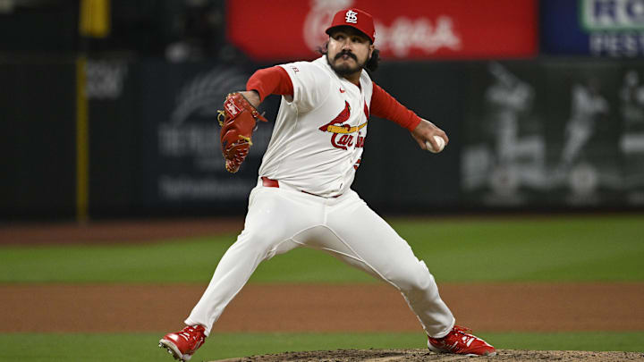 Mar 31, 2025; St. Louis, Missouri, USA; St. Louis Cardinals relief pitcher JoJo Romero (59) pitches against the Los Angeles Angels in the tenth inning at Busch Stadium. Mandatory Credit: Joe Puetz-Imagn Images