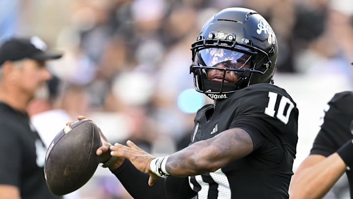 Oct 4, 2025; College Station, Texas, USA; Texas A&M Aggies quarterback Marcel Reed (10) warms up prior to the game against the Mississippi State Bulldogs at Kyle Field. Mandatory Credit: Maria Lysaker-Imagn Images 