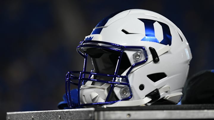 Sep 10, 2021; Durham, North Carolina, USA; A Duke Blue Devils helmet sits on an equipment chest during the third quarter of the game against the North Carolina A&T Aggies at Wallace Wade Stadium. Mandatory Credit: William Howard-Imagn Images Sep 10, 2021; Durham, North Carolina, USA; A Duke Blue Devils helmet sits on an equipment chest during the third quarter of the game against the North Carolina A&T Aggies at Wallace Wade Stadium. Mandatory Credit: William Howard-Imagn Images