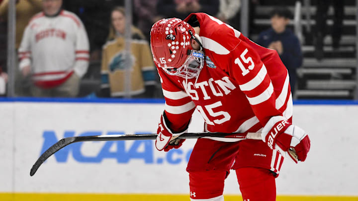 Apr 12, 2025; St. Louis, MO.: Boston University Terriers forward Matt Copponi (15) reacts after the 2025 national championship game won by Western Michigan, 
