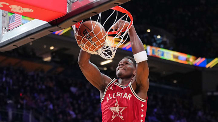 Feb 18, 2024; Indianapolis, Indiana, USA; Western Conference guard Anthony Edwards (5) of the Minnesota Timberwolves dunks the ball during the first half of the 73rd NBA All Star game at Gainbridge Fieldhouse. Mandatory Credit: Kyle Terada-Imagn Images
