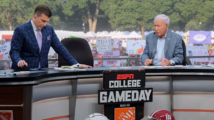 College GameDay was on campus at the University of Alabama for the matchup between the Alabama Crimson Tide and the Texas Longhorns Saturday, Sept. 9, 2023. Rece Davis and Lee Corso prepare on set for the show. College GameDay was on campus at the University of Alabama for the matchup between the Alabama Crimson Tide and the Texas Longhorns Saturday, Sept. 9, 2023. Rece Davis and Lee Corso prepare on set for the show.