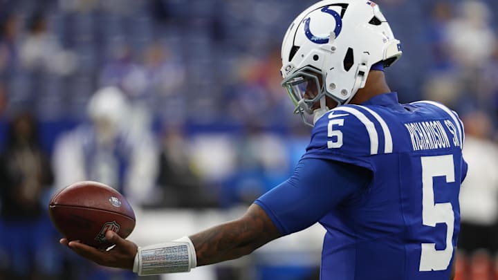 Oct 5, 2025; Indianapolis, Indiana, USA; Indianapolis Colts quarterback Anthony Richardson (5) holds a football during warmups before the game between the Las Vegas Raiders and the Indianapolis Colts at Lucas Oil Stadium. Mandatory Credit: Trevor Ruszkowski-Imagn Images