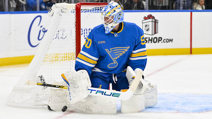 Dec 1, 2025; St. Louis, Missouri, USA; St. Louis Blues goaltender Jordan Binnington (50) defends the net against the Anaheim Ducks during the first period at Enterprise Center. Mandatory Credit: Jeff Curry-Imagn Images