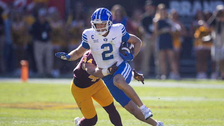 Nov 23, 2024; Tempe, Arizona, USA; Brigham Young Cougars wide receiver Chase Roberts (2) against the Arizona State Sun Devils at Mountain America Stadium. Mandatory Credit: Mark J. Rebilas-Imagn Images