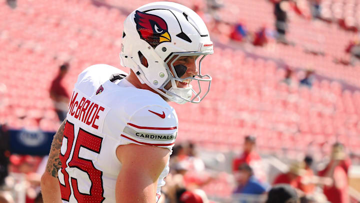 Oct 6, 2024; Santa Clara, California, USA; Arizona Cardinals tight end Trey McBride (85) before the game against the San Francisco 49ers at Levi's Stadium. Mandatory Credit: Kelley L Cox-Imagn Images Oct 6, 2024; Santa Clara, California, USA; Arizona Cardinals tight end Trey McBride (85) before the game against the San Francisco 49ers at Levi's Stadium. Mandatory Credit: Kelley L Cox-Imagn Images