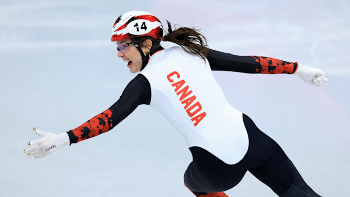 Courtney Sarault of Canada is favored to win the 1000m short track speed skating gold medal. 
