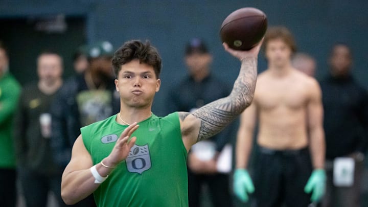 Oregon quarterback Dillon Gabriel throws out a pass during the Oregon football’s Pro Day Tuesday, March 18, 2025, at the Moshofsky Center in Eugene, Ore.