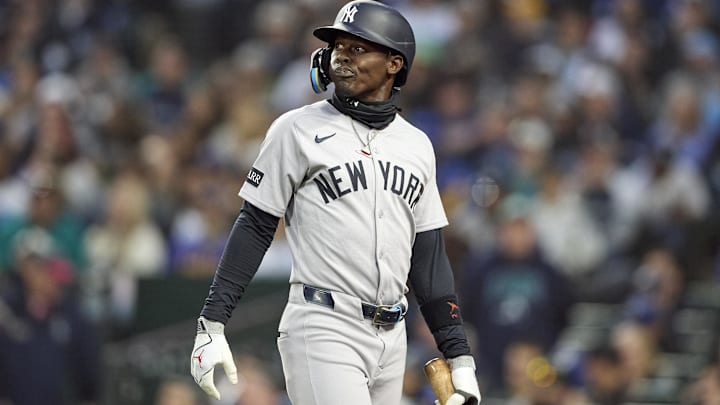 Mar 31, 2026; Seattle, Washington, USA; New York Yankees second baseman Jazz Chisholm Jr. (13) strikes out during the fourth inning at T-Mobile Park. Mandatory Credit: John Froschauer-Imagn Images
