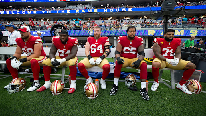 San Francisco 49ers offensive linemen (L to R) Colton Mckivitz, Spencer Burford, Aaron Banks, Jake Brendel, Trent Williams