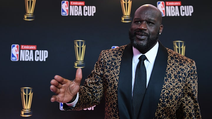 Shaquille O'Neal arrives on the red carpet before the Emirates NBA Cup semifinal game at T-Mobile Arena. Shaquille O'Neal arrives on the red carpet before the Emirates NBA Cup semifinal game at T-Mobile Arena.