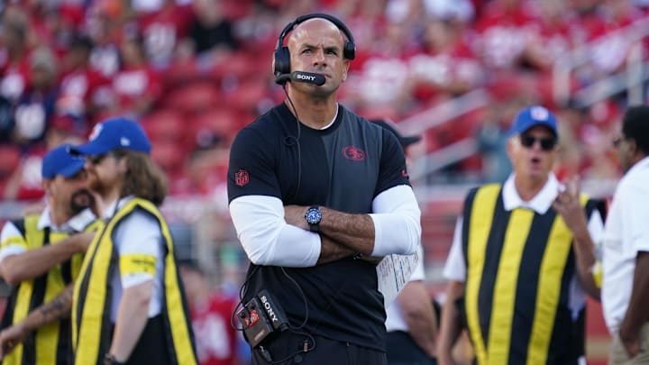 Aug 9, 2025; Santa Clara, California, USA;  San Francisco 49ers defensive coordinator Robert Saleh watches from the sidelines in the first quarter against the Denver Broncos at Levi's Stadium. Mandatory Credit: David Gonzales-Imagn Images