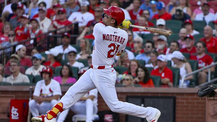 Jun 24, 2025; St. Louis, Missouri, USA; St. Louis Cardinals left fielder Lars Nootbaar (21) hits a two run home run against the Chicago Cubs during the second inning at Busch Stadium. Mandatory Credit: Jeff Curry-Imagn Images Jun 24, 2025; St. Louis, Missouri, USA; St. Louis Cardinals left fielder Lars Nootbaar (21) hits a two run home run against the Chicago Cubs during the second inning at Busch Stadium. Mandatory Credit: Jeff Curry-Imagn Images