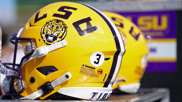 Oct 7, 2023; Columbia, Missouri, USA; A general view of a LSU Tigers helmet against the Missouri Tigers during the first half at Faurot Field at Memorial Stadium. Mandatory Credit: Denny Medley-Imagn Images