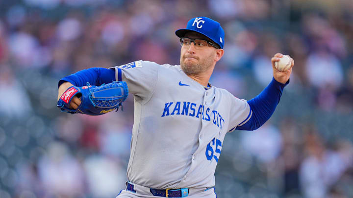 May 23, 2025; Minneapolis, Minnesota, USA; Kansas City Royals pitcher Noah Cameron (65) pitches against the Minnesota Twins in the first inning at Target Field. Mandatory Credit: Brad Rempel-Imagn Images