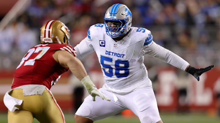 Dec 30, 2024; Santa Clara, California, USA; Detroit Lions offensive tackle Penei Sewell (58) protects against San Francisco 49ers defensive end Nick Bosa (97) during the third quarter at Levi's Stadium. Mandatory Credit: Sergio Estrada-Imagn Images