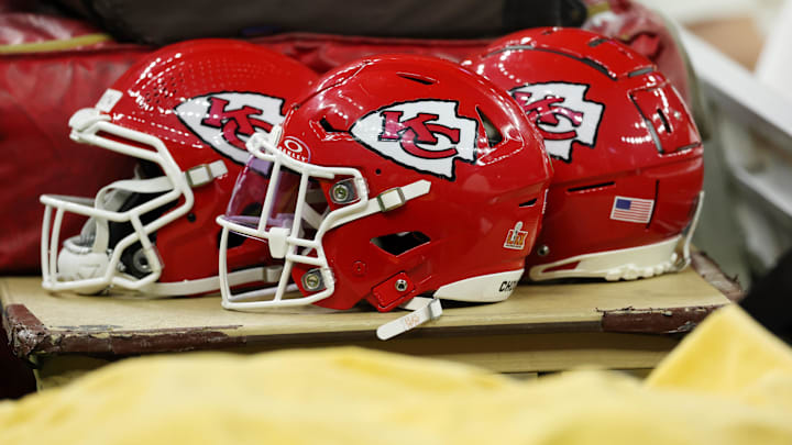 Feb 9, 2025; New Orleans, LA, USA; A detail view of Kansas City Chiefs helmets before Super Bowl LIX between the Philadelphia Eagles and the Kansas City Chiefs at Caesars Superdome. Mandatory Credit: Geoff Burke-Imagn Images