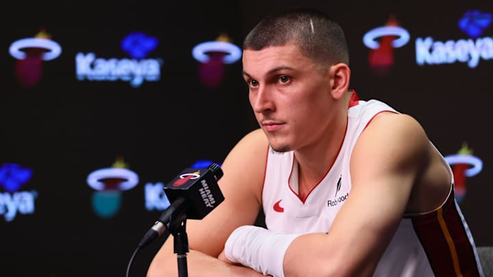 Miami Heat guard Tyler Herro talks to reporters during media day at Kaseya Center.